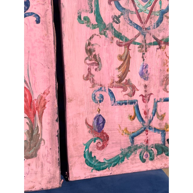 1960s Pair of Vintage Large Continental European Chinoiserie Oil on Leather Panel Paintings For Sale - Image 5 of 14