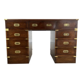 Vintage Campaign Leather Topped Desk With Brass Handles and Finishes For Sale
