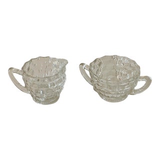 Vintage Fostoria Cubist Pattern American Glass Cream & Sugar Set- 2 Pieces For Sale