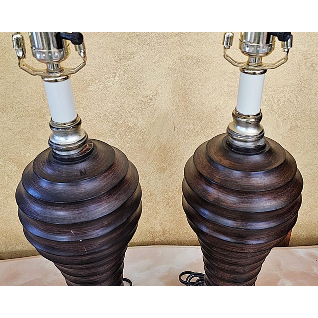 Coffee Vintage Uttermost Carved Wood-Finish Urn Table Lamps With Damask Shades – Pair For Sale - Image 8 of 18