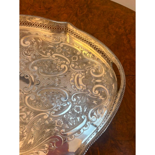 Antique Edwardian Silver-Plated Engraved Tea Tray with Pierced Gallery, 1900 For Sale - Image 11 of 15