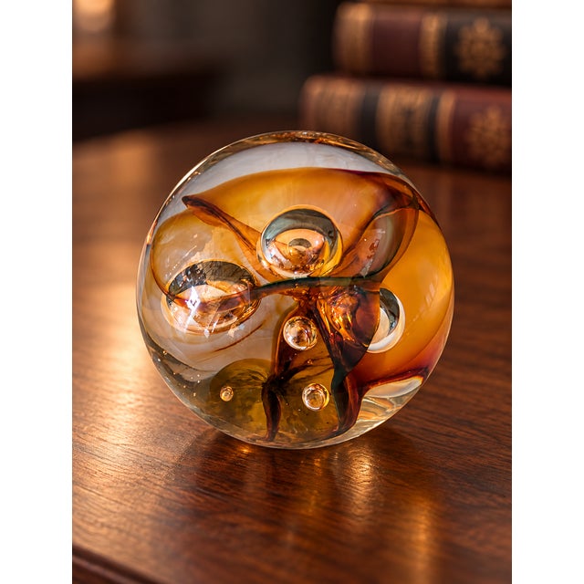 Vintage English Langham Studio Art Glass Paperweight With Amber Swirls and Bubbles For Sale - Image 4 of 5