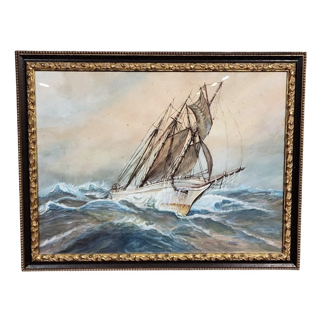 Frederick R. Wagner, Sailboat on a Stormy Sea, 1800s, Watercolor on Paper, Framed For Sale