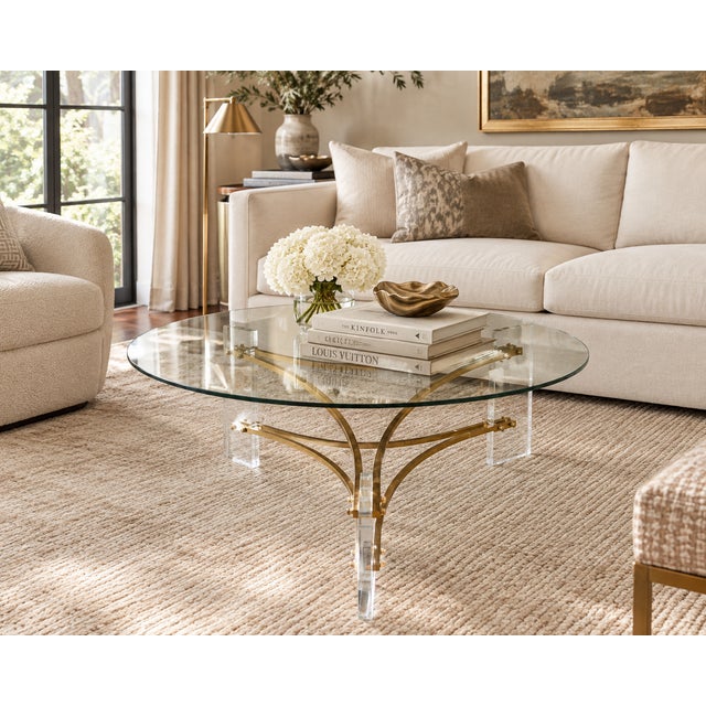 Gold Vintage Hollywood Regency Lucite & Brass Glass-Top Coffee Table – Charles Hollis Jones Style For Sale - Image 8 of 8