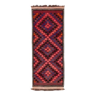 Red Vintage Kilim Handmade Flatweave Tribal Motif Wool Runner For Sale