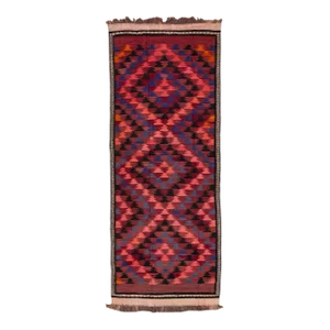 Red Vintage Kilim Handmade Flatweave Tribal Motif Wool Runner