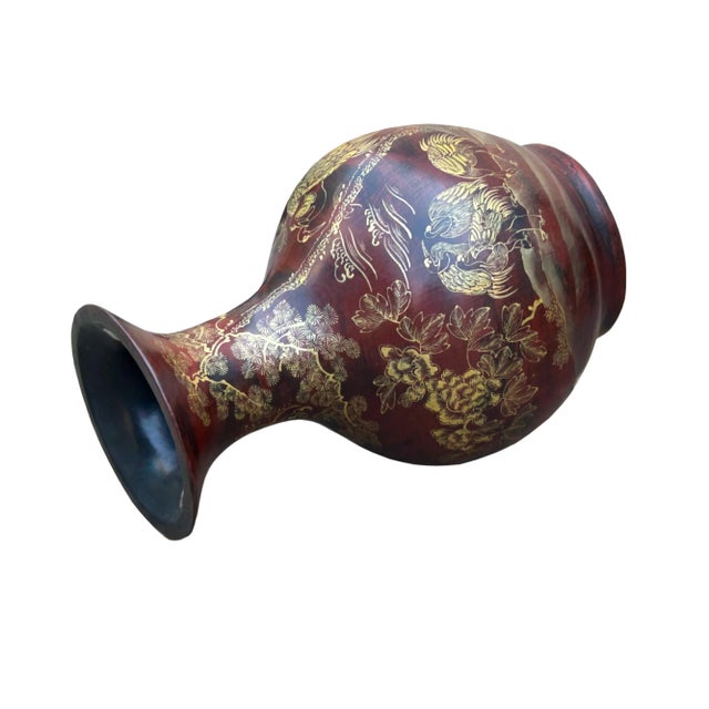 Chinese Brown Lacquer Golden Scenery Decorative Wood Vase Art For Sale - Image 12 of 18