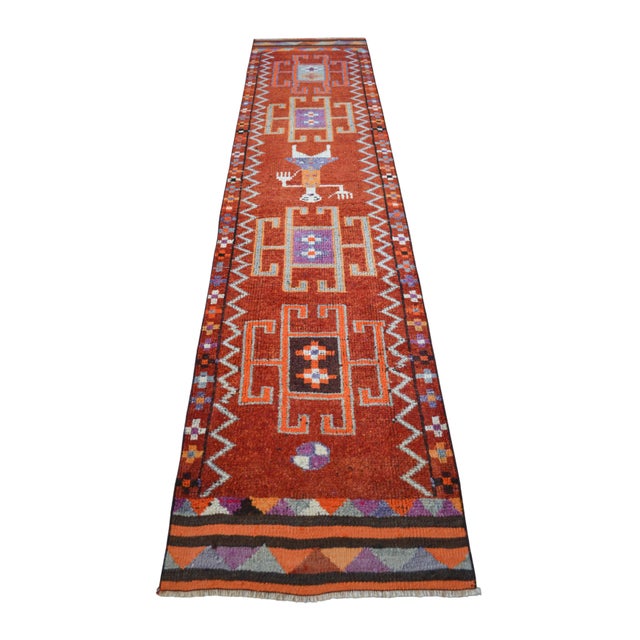 Textile 1960s Vintage Hand-Knotted Primitive Turkish Rug Runner Ancient Alien Motif - 2′8″ × 10′8″ For Sale - Image 7 of 13