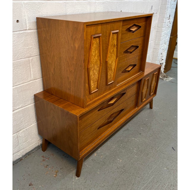 Mid 20th Century Mid-Century Two Piece Walnut and Burl Diamond Front High-Boy Dresser For Sale - Image 5 of 18
