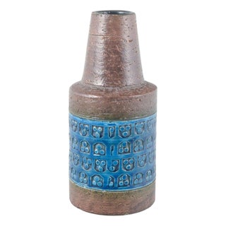 Vintage Ceramic Vase with Relief Pattern in Rimini Blu Glaze by Aldo Londi for Bitossi, 1970s For Sale