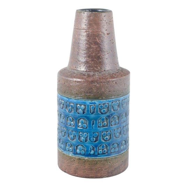Vintage Ceramic Vase with Relief Pattern in Rimini Blu Glaze by Aldo Londi for Bitossi, 1970s For Sale