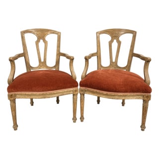 Pair of Antique Louis XVI Style Orange Velvet Armchairs For Sale