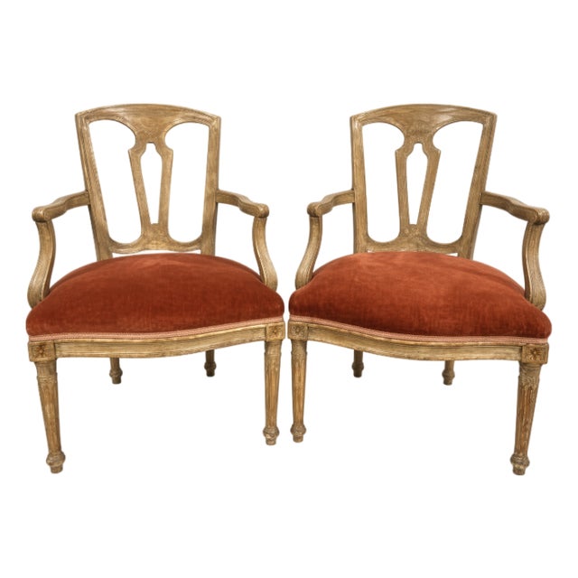 Pair of Antique Louis XVI Style Orange Velvet Armchairs For Sale