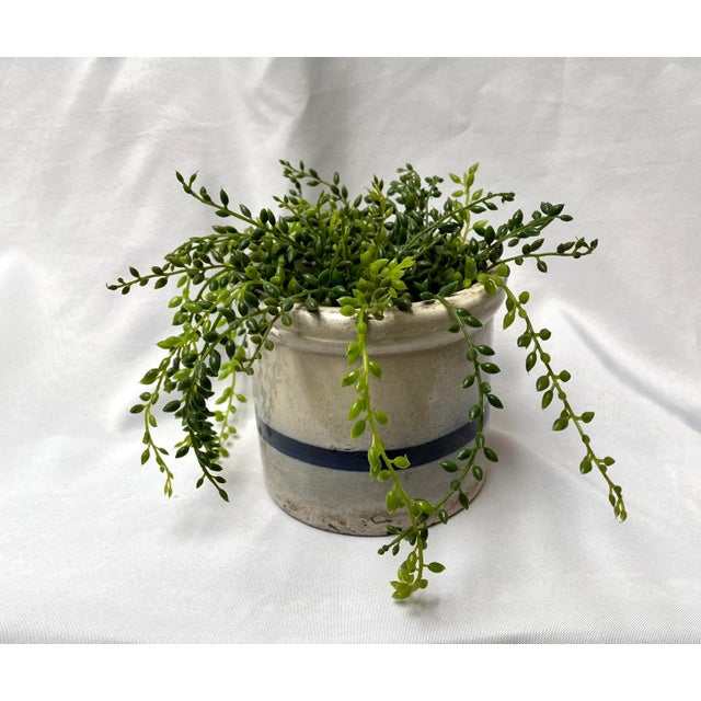 Farmhouse Vintage Blue Stripe Stoneware Crock/Salt For Sale - Image 3 of 11