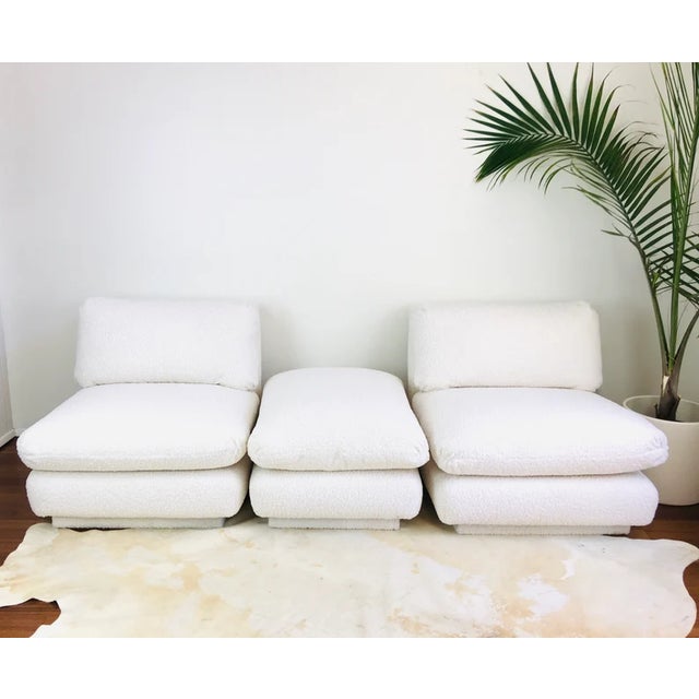Vintage 1970s Pair of Marge Carson Slipper Chairs & Ottoman sleek modern design armless slipper style loose seat & back...