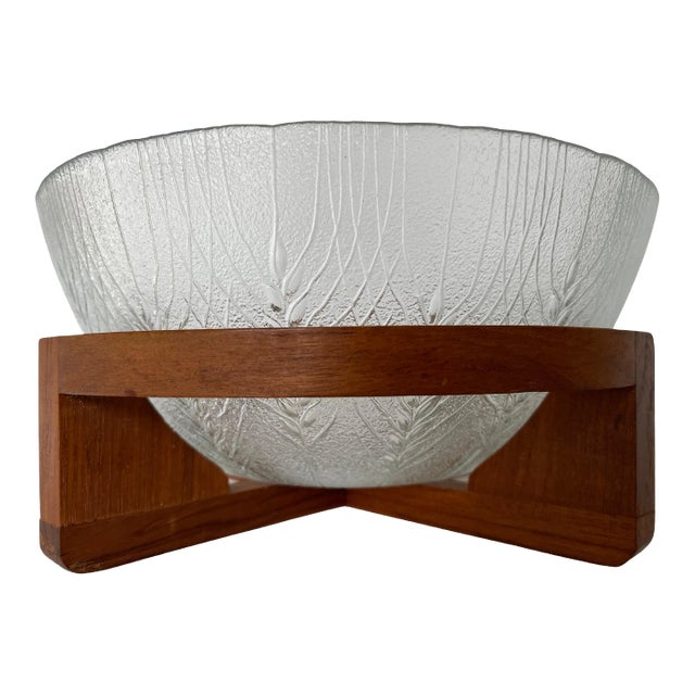1960s Danish Glass Salad Serving Bowl on Curved Teak Wood Stand For Sale