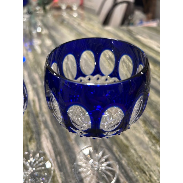 1980s Pair of Cobalt Blue and Clear Cut Crystal Godinger Edinburgh Hock Wine Glasses For Sale - Image 9 of 11