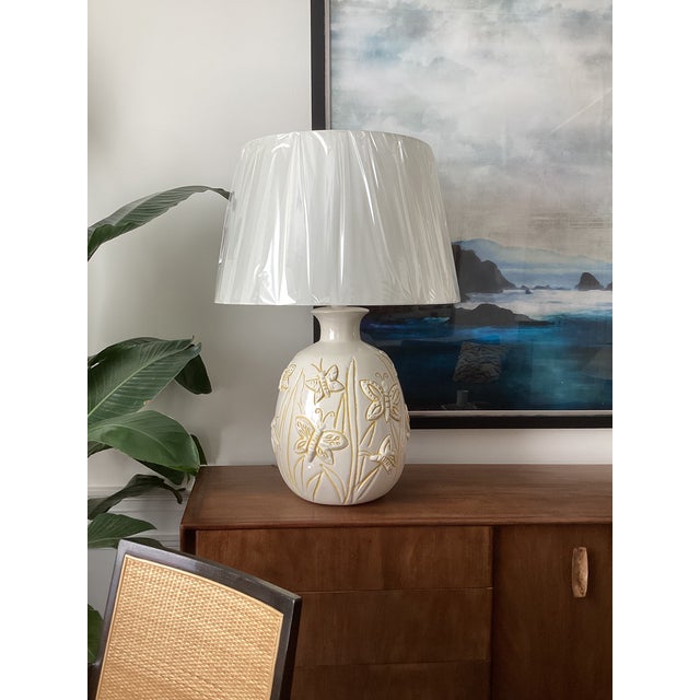 Metal Large Vintage Ivory Ceramic Butterfly Relief Table Lamp – Rewired With New Shade For Sale - Image 7 of 7