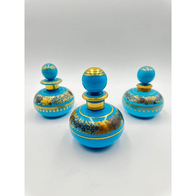Turquoise Blue Opaline Bottles with Painted Golden Flowers Decoration, 1890s, Set of 3 For Sale - Image 11 of 11