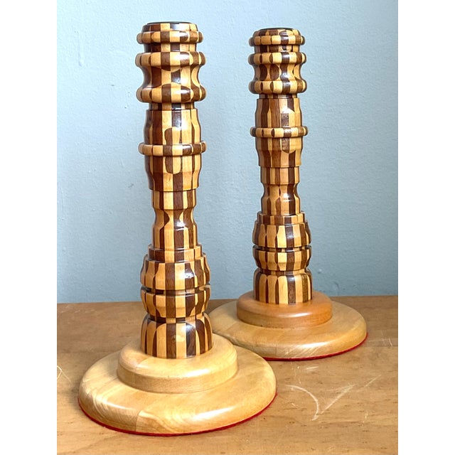 Vintage Inlaid Wood Candlesticks - A Pair For Sale In West Palm - Image 6 of 12