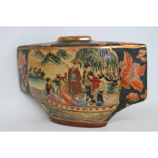 Satsuma Style Fan Shaped Pillow Vase Hand Painted Geisha and Flowers Motif 5056b For Sale In Miami - Image 6 of 18
