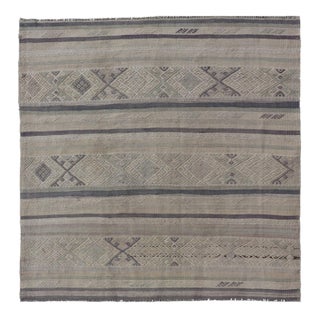 Square Vintage Turkish Embroidered Kilim in Dark Blue, L. Green, Gray, Taupe For Sale