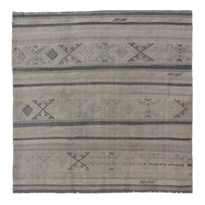 Square Vintage Turkish Embroidered Kilim in Dark Blue, L. Green, Gray, Taupe