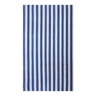 1920s Blue White Stripe Antique Agra Dhurrie Indian Rug 8'6" X 13'2" Flat Weave Cotton Carpet For Sale