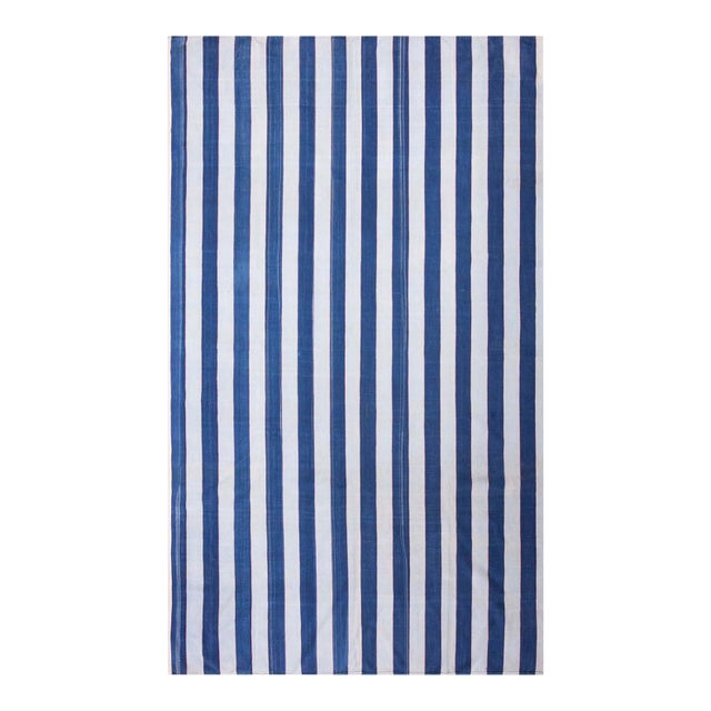 1920s Blue White Stripe Antique Agra Dhurrie Indian Rug 8'6" X 13'2" Flat Weave Cotton Carpet For Sale