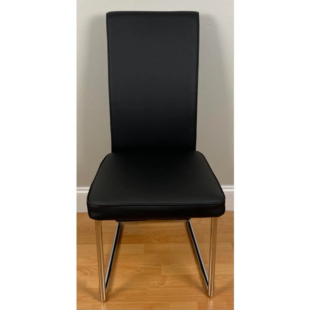 Contemporary Set of 4 Milo Baughman Style Thin Line Chrome & Black Faux Leather Dining Chairs For Sale - Image 3 of 8