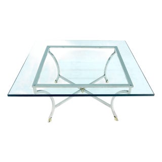 Brass hoof Feet 40x40 3/4" Square Glass Top Chrome Base Coffee Table Italy MINT For Sale