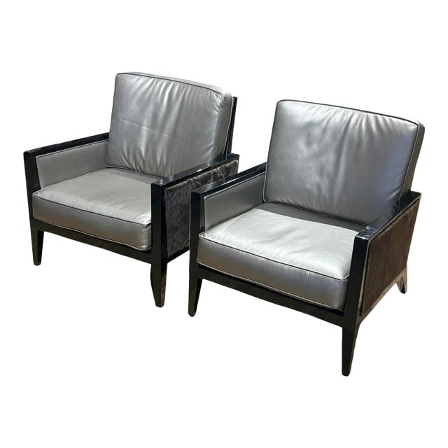 1990s Pair of Modern Black Lacquer Chairs With Fur Accent For Sale