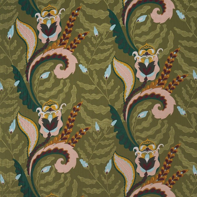 Schumacher X Laura Gonzalez Jaipur Fantaisie Fabric In Moss For Sale