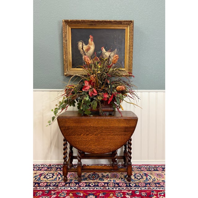 Antique English Table Drop Leaf Gateleg Barley Twist Oak Oval C. 1920-30s For Sale - Image 15 of 17