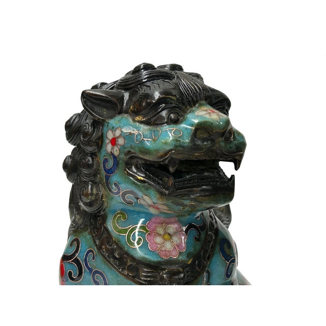Pair Vintage Enamel Cloisonne Fengshui Foo Dog Lions Display Figure For Sale - Image 10 of 16