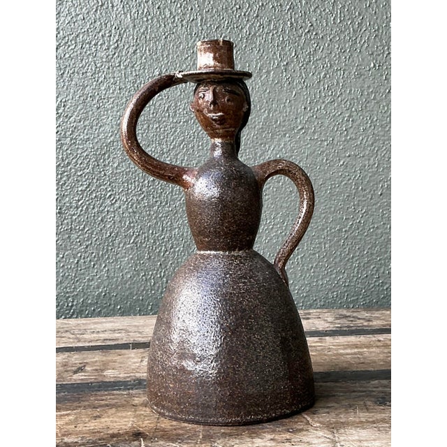 Late 20th Century Vintage Glazed Terracotta Figure Candlestick For Sale - Image 5 of 12
