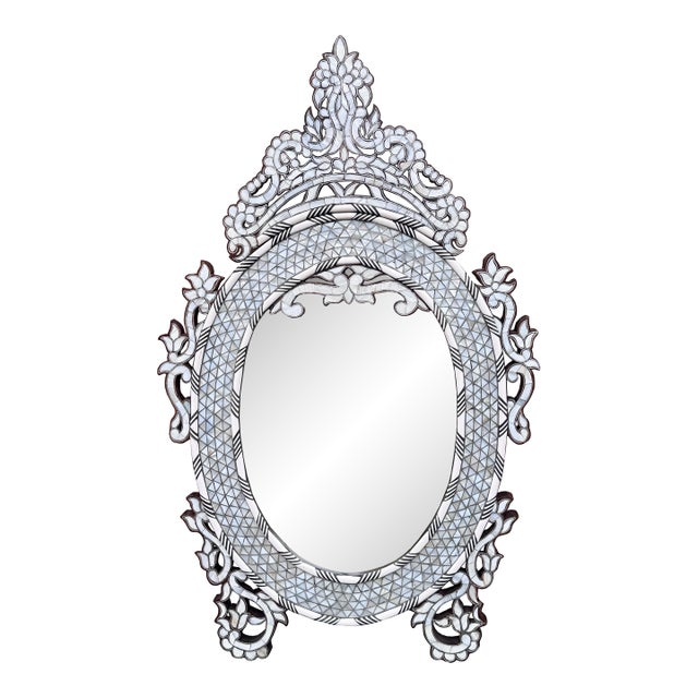 1990s Mother of Pearl Inlaid Oval Shape Moorish Style Mirror For Sale