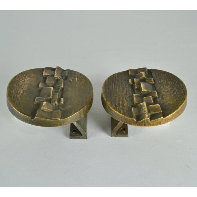 Bronze Round Push and Pull Door Handles with Geometric Relief, Set of 2 For Sale - Image 11 of 13