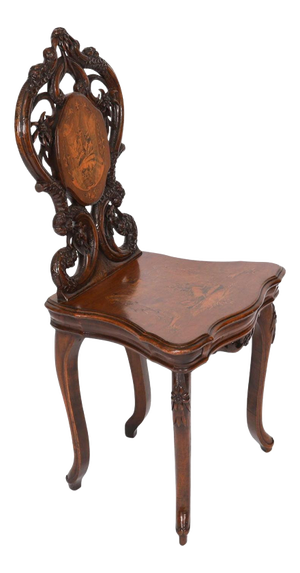 Antique Swiss Walnut Marquetry Inlaid Musical Chair, 19th Century
