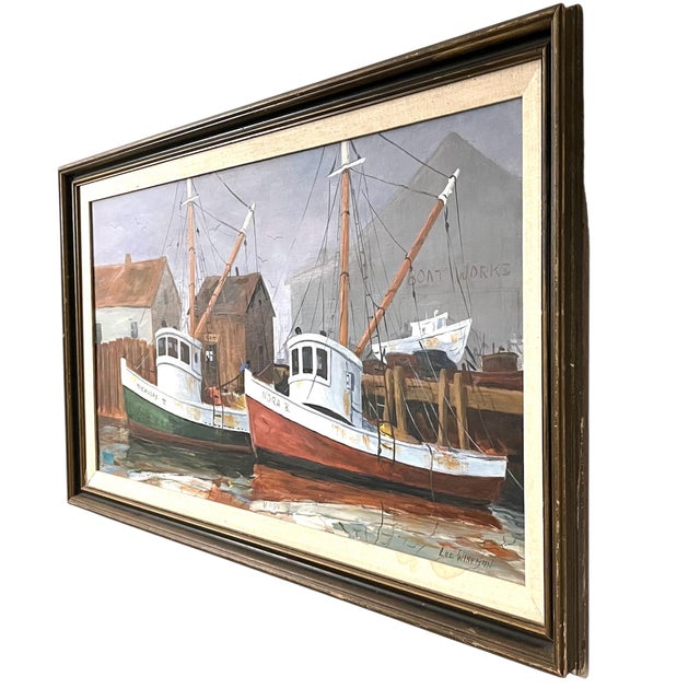 A wonderful mid century California harbor view oil painting on board titled ”Nick & Nora” by noted California artist, Lee...