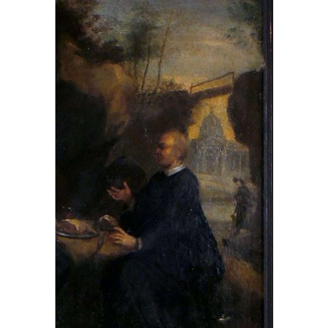 18th Century Italian Old Master Two Monks Eating Lunch with Cathedral in Background For Sale - Image 4 of 11
