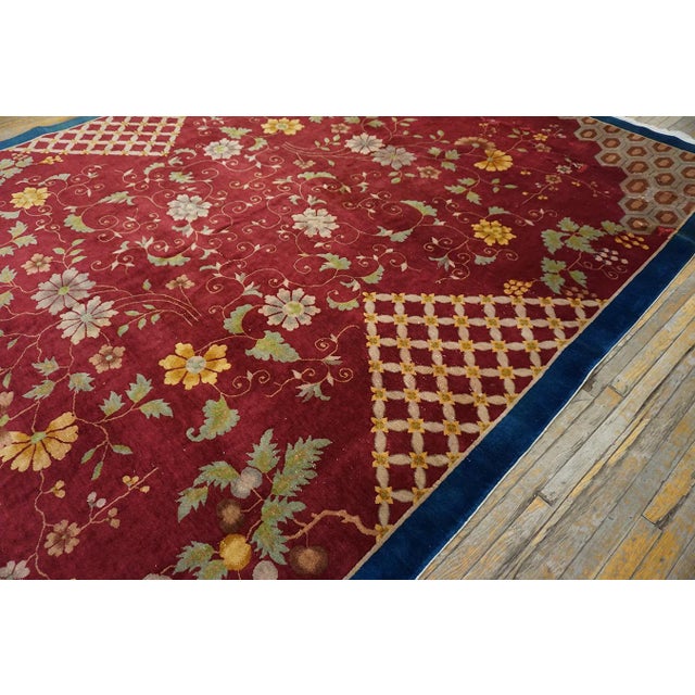 1920s Red Floral Modern Antique Chinese Art Deco Rug 10'x 13' 6" Handknotted Wool Carpet For Sale - Image 9 of 9