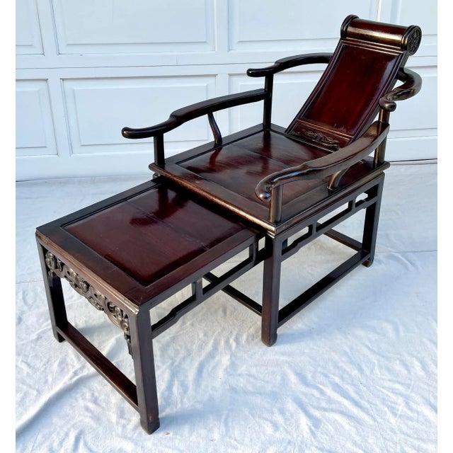 Early 20th Century Antique Ming Rosewood Asian Lounge Chair With Ottoman For Sale - Image 5 of 13