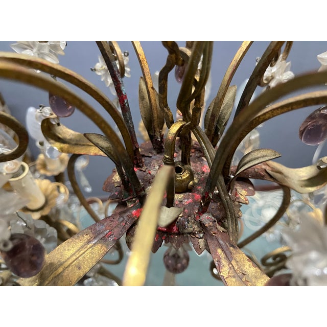 Large Florentine Tole Chandelier with Murano Glass Flowers, Italy, 1950s For Sale - Image 13 of 18