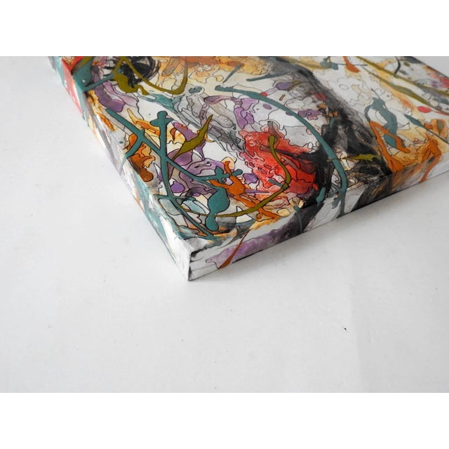 Early 21st century mixed media ink and acrylic on wood panel abstract painting. 1" wood border on back of panel, gallery...