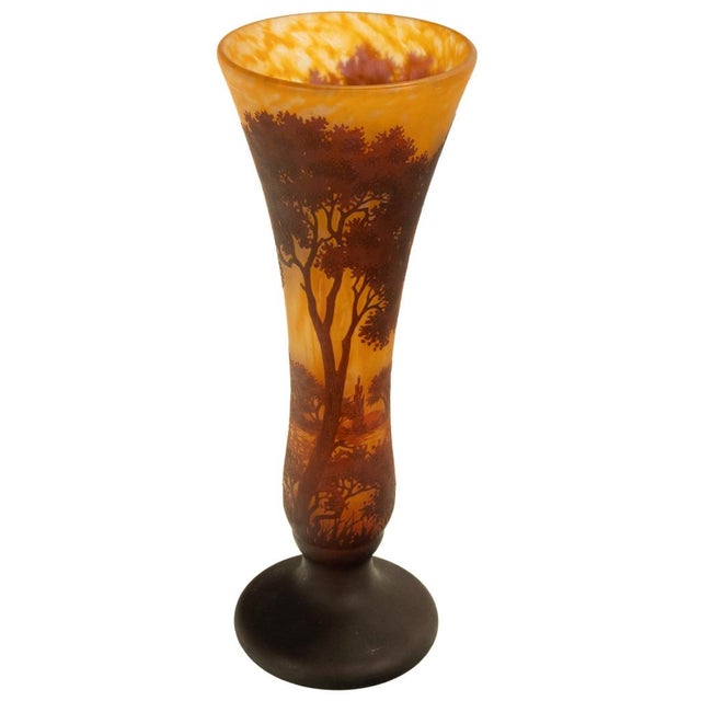 1900 - 1909 Large Antique French Art Nouveau Daum Nancy Cameo Tree Landscape Glass Vase 1900 For Sale - Image 5 of 18
