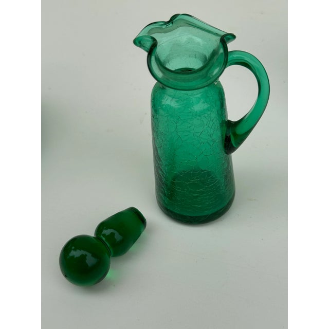 Mid-Century Modern Cruet: 1950s Vintage Teal-Emerald Green Crackle Glass Olive Oil or Vinegar Cruet, Vintage Mid Century For Sale - Image 3 of 9