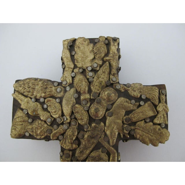 Mexican Mexican Folk Art Milagros Hand Carved Wood Cross Nailed Charms Wall Hanging For Sale - Image 3 of 9