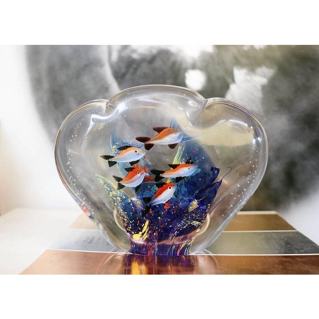 Vintage Murano glass aquarium with nine multi colored fishes.