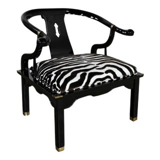 Vintage Ming Style Black Lacquer & Brass Low Chair After James Mont in Scalamandre El Morocco Espresso Fabric For Sale